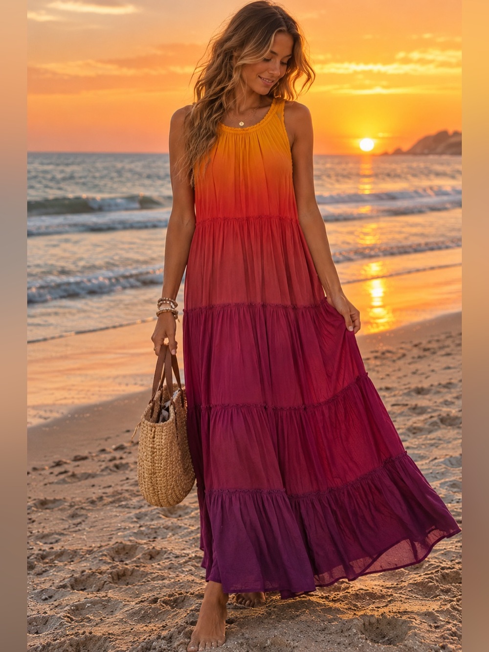 Sunset Dream Ombre Boho Tiered Maxi Dress Beach Coastal Matilda Jane Size M
